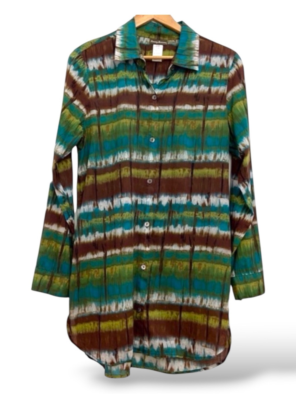 TOMMY Bahama button down shirt tunic cotton ecru brown blue long sleeve Large